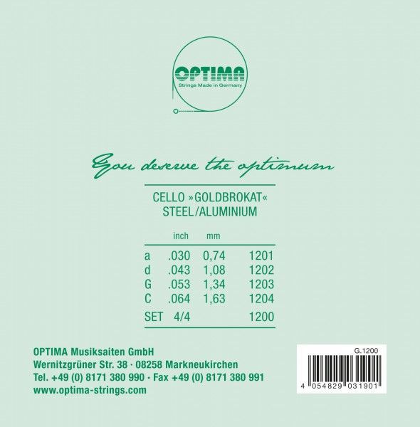 Cello Saiten Optima Goldbrokat 4/4  Stahl Satz  862/1200B