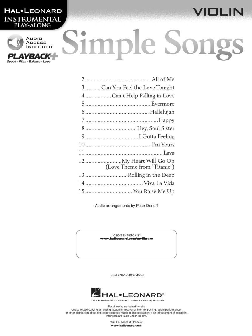 Noten Simple Songs Play-Along for Violin HL 249090  incl. Audio-download Code