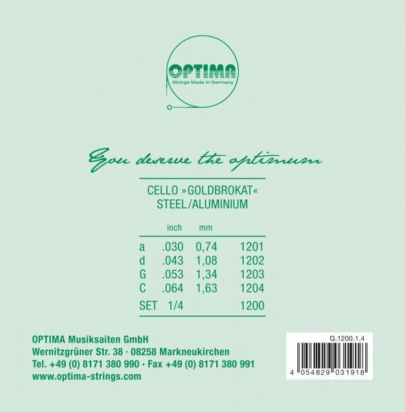 Cello Saiten Optima Goldbrokat 1/4  Stahl Satz  862/1200D